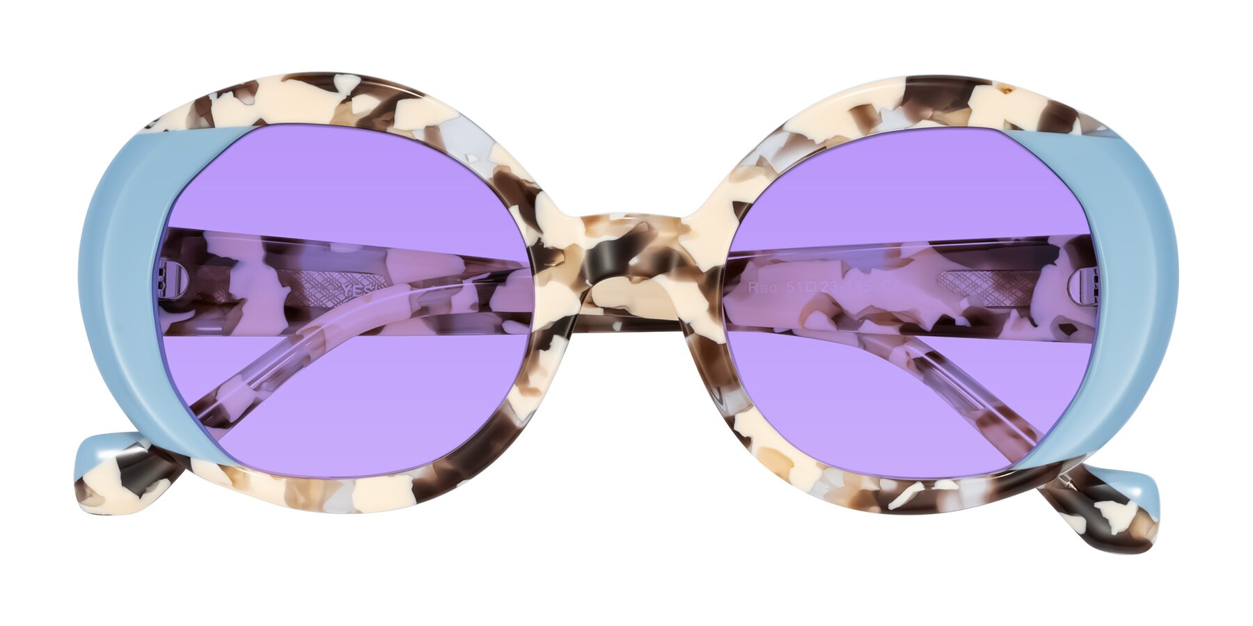 Folded Front of Rao in Beige Tortoise/Blue with Medium Purple Tinted Lenses