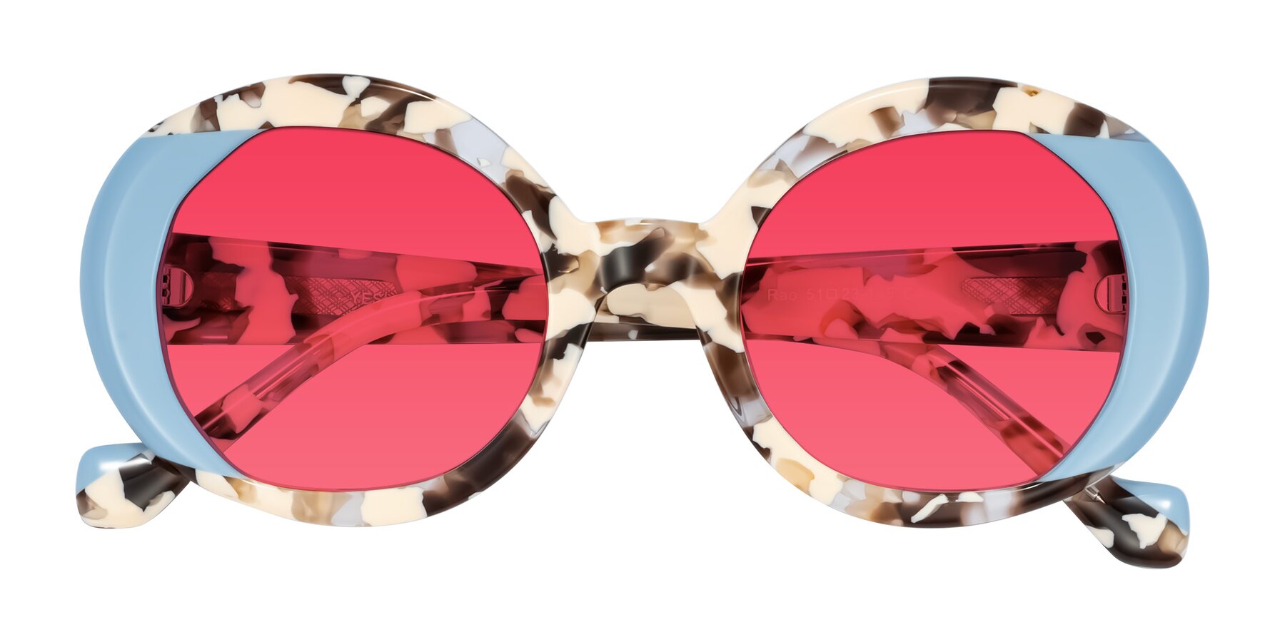 Folded Front of Rao in Beige Tortoise/Blue with Red Tinted Lenses
