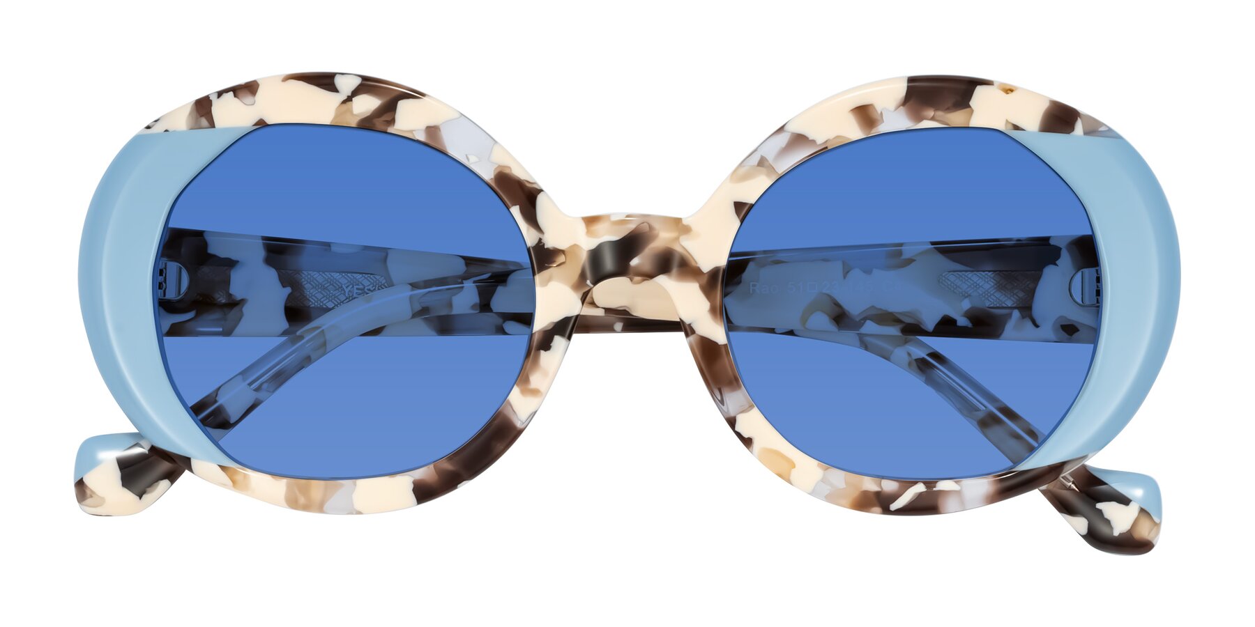Folded Front of Rao in Beige Tortoise/Blue with Blue Tinted Lenses