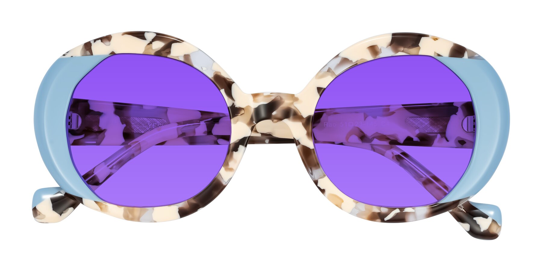 Folded Front of Rao in Beige Tortoise/Blue with Purple Tinted Lenses