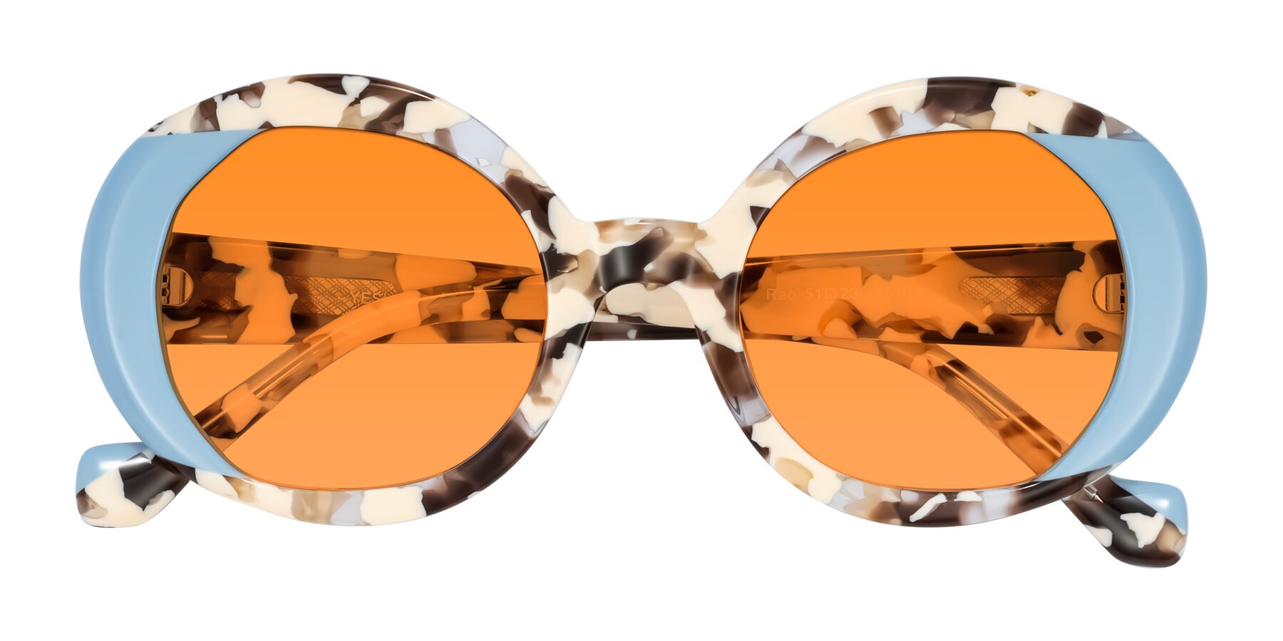 Folded Front of Rao in Beige Tortoise/Blue with Orange Tinted Lenses