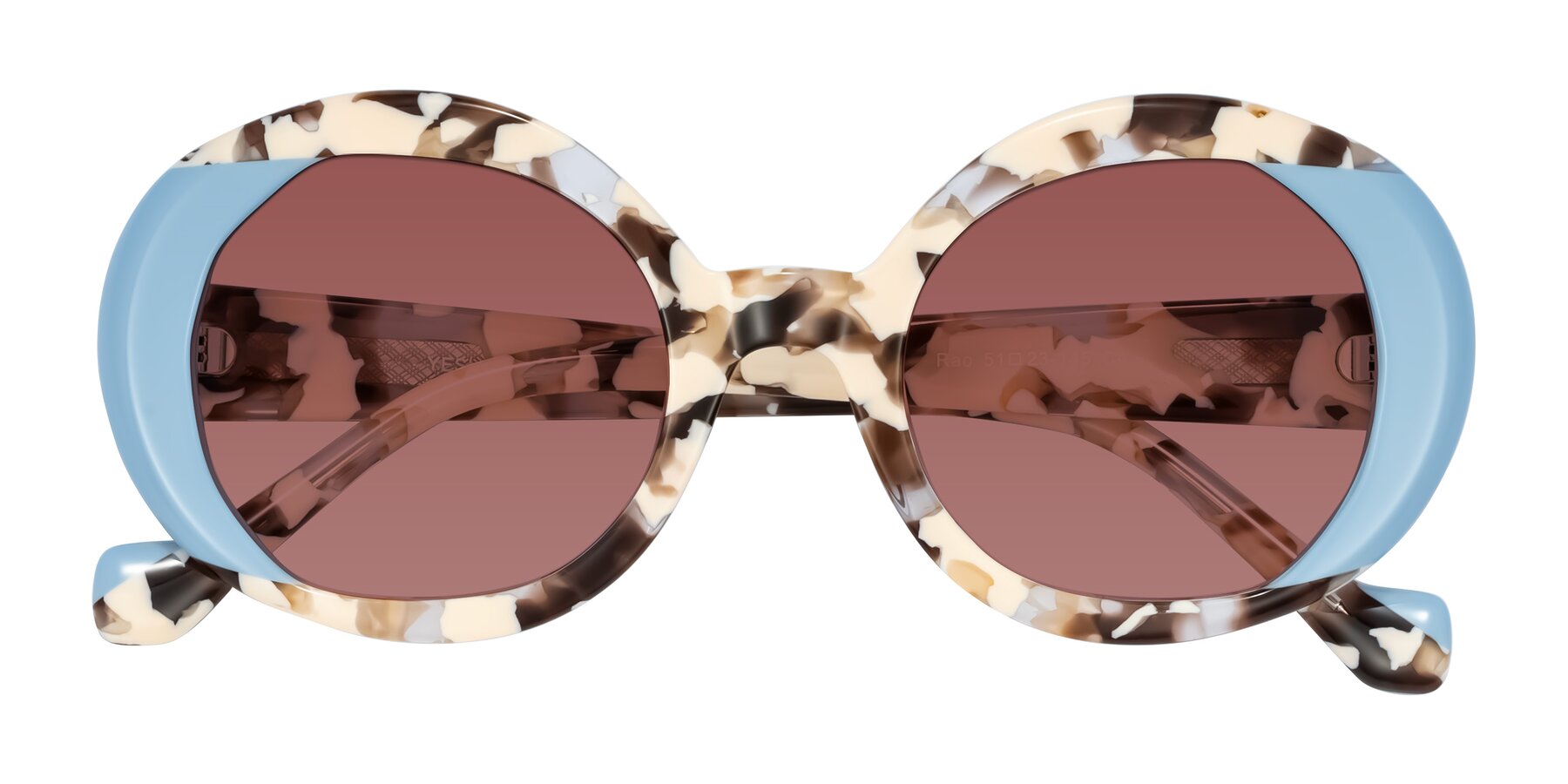 Folded Front of Rao in Beige Tortoise/Blue with Garnet Tinted Lenses