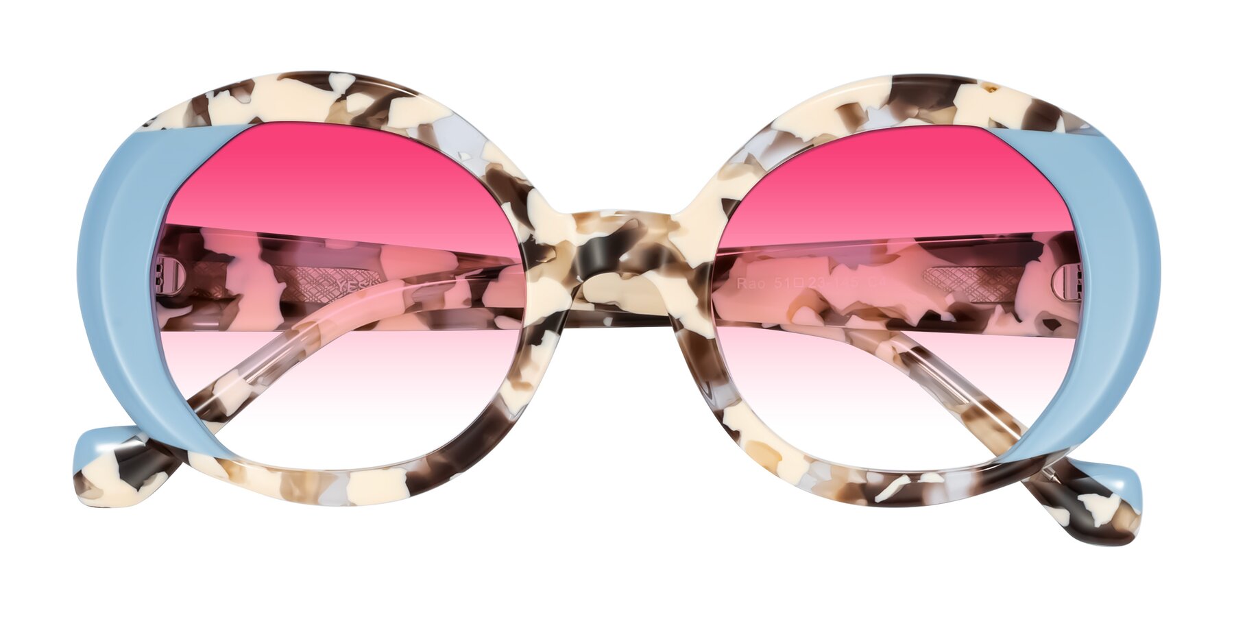 Folded Front of Rao in Beige Tortoise/Blue with Pink Gradient Lenses
