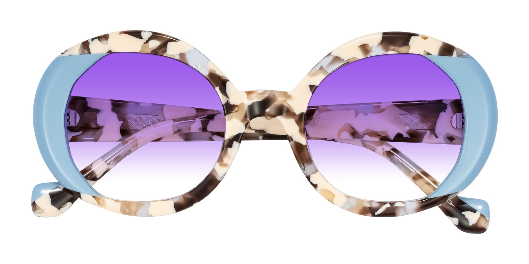 Folded Front of Rao in Beige Tortoise/Blue with Purple Gradient Lenses