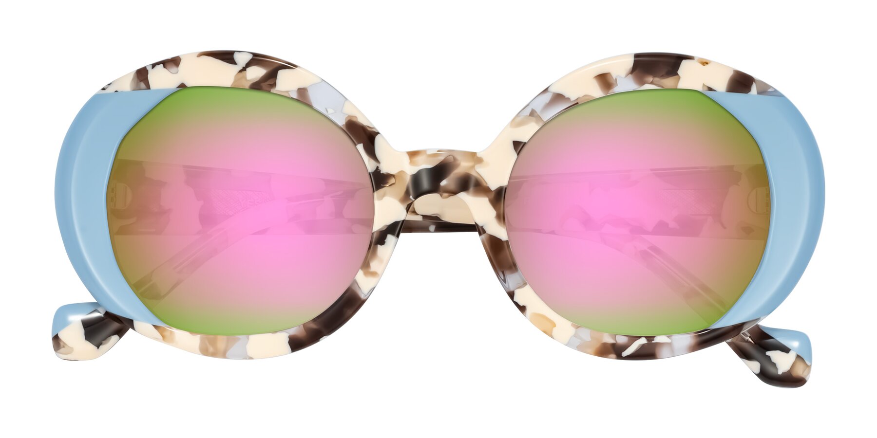 Folded Front of Rao in Beige Tortoise/Blue with Pink Mirrored Lenses