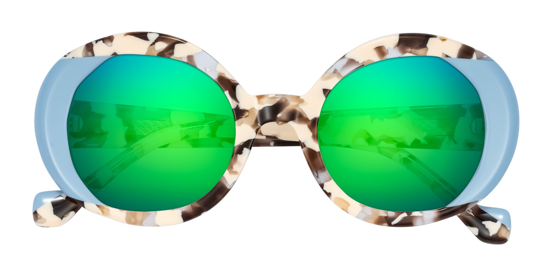 Folded Front of Rao in Beige Tortoise/Blue with Green Mirrored Lenses