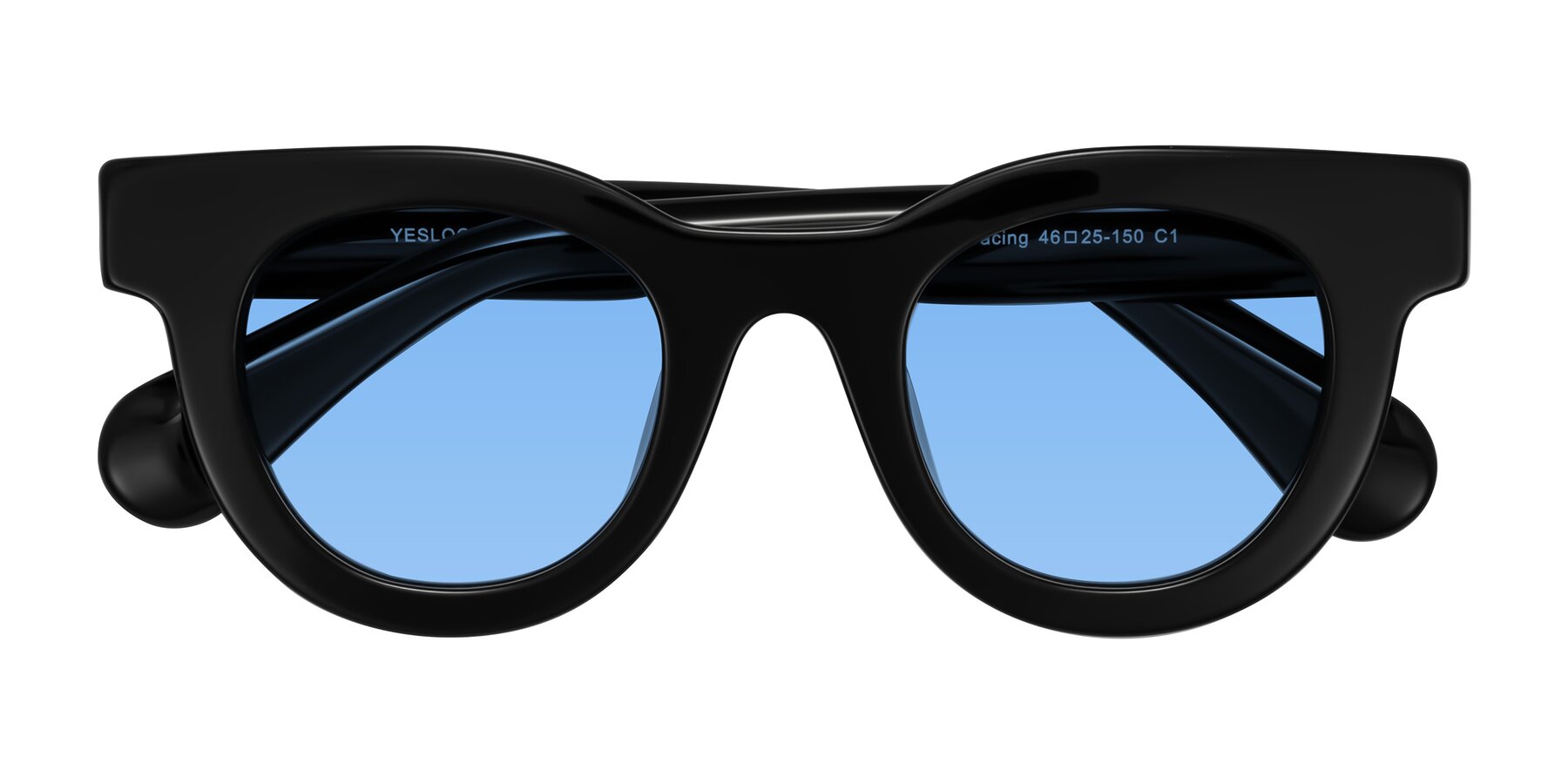 Folded Front of Embracing in Black with Medium Blue Tinted Lenses