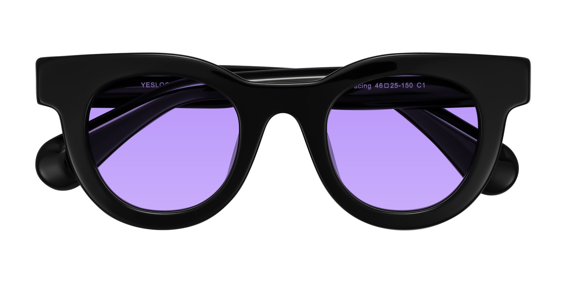 Folded Front of Embracing in Black with Medium Purple Tinted Lenses