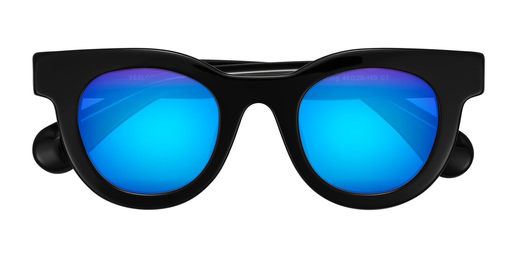 Folded Front of Embracing in Black with Blue Mirrored Lenses