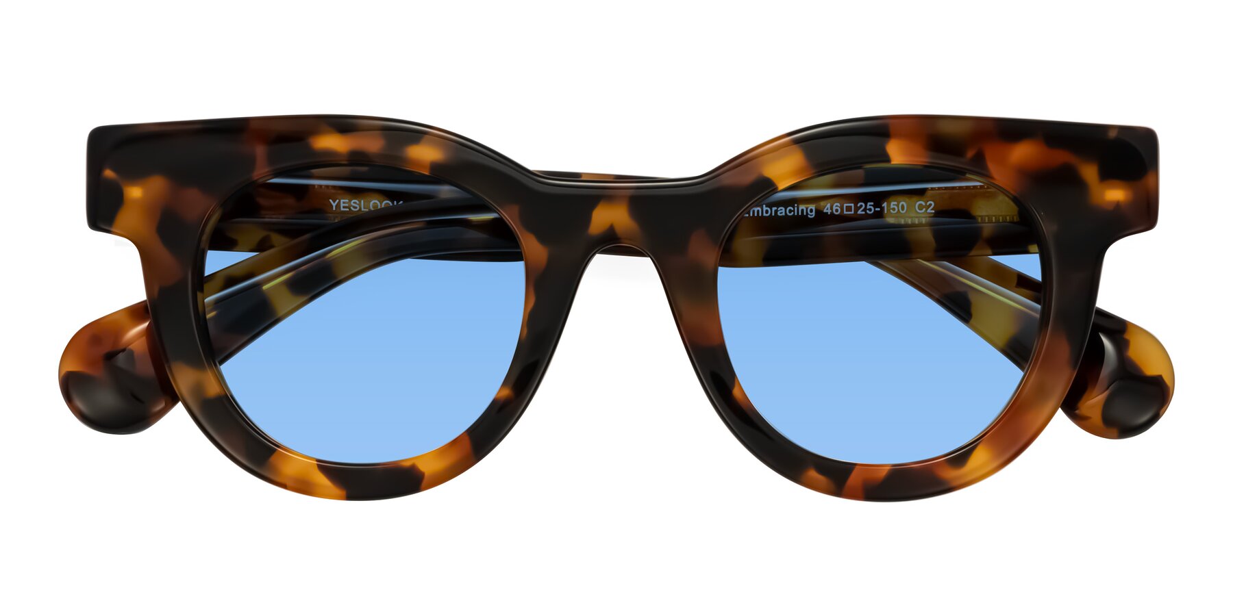 Folded Front of Embracing in Tortoise with Medium Blue Tinted Lenses