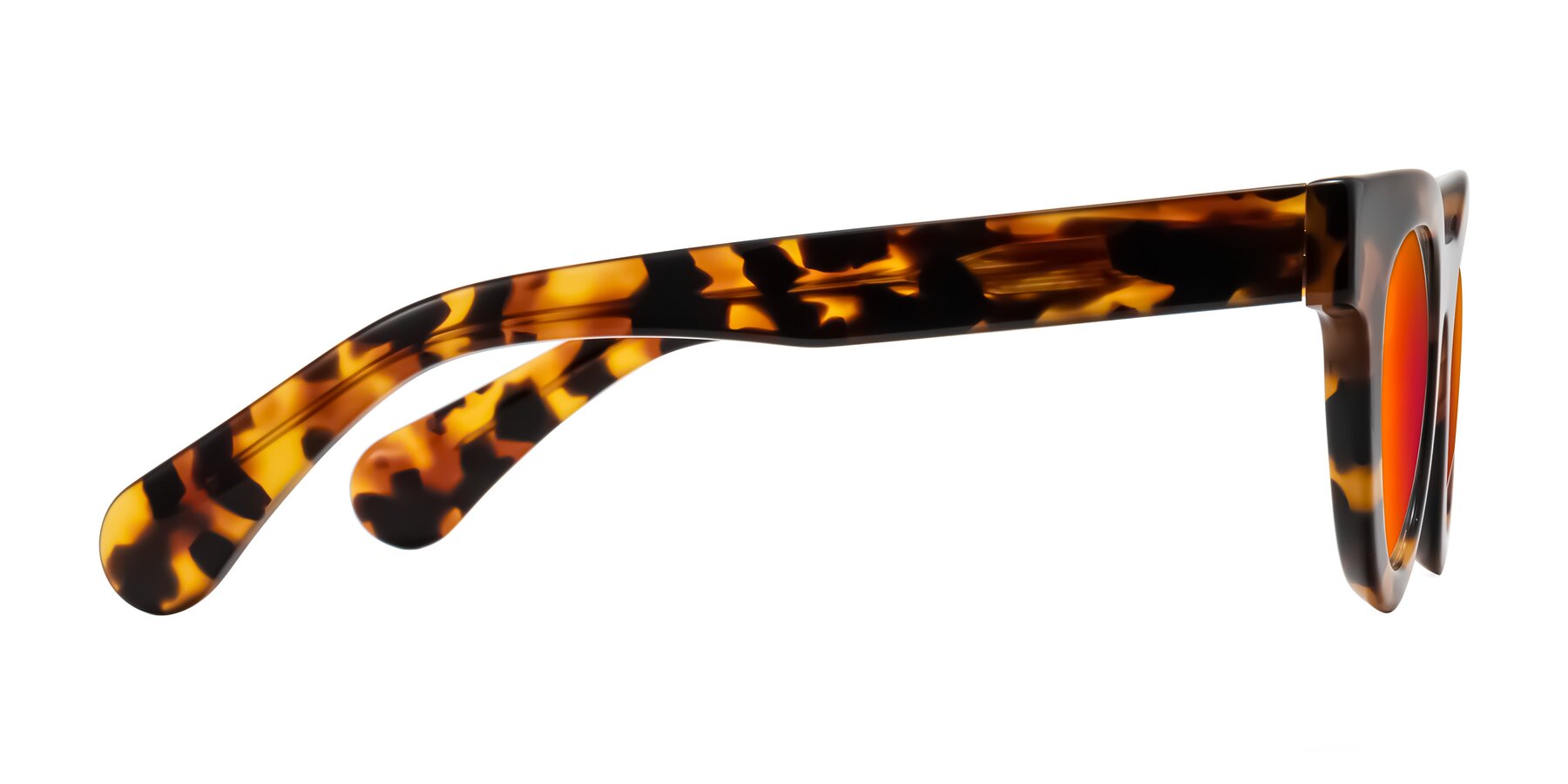 Side of Embracing in Tortoise with Red Gold Mirrored Lenses