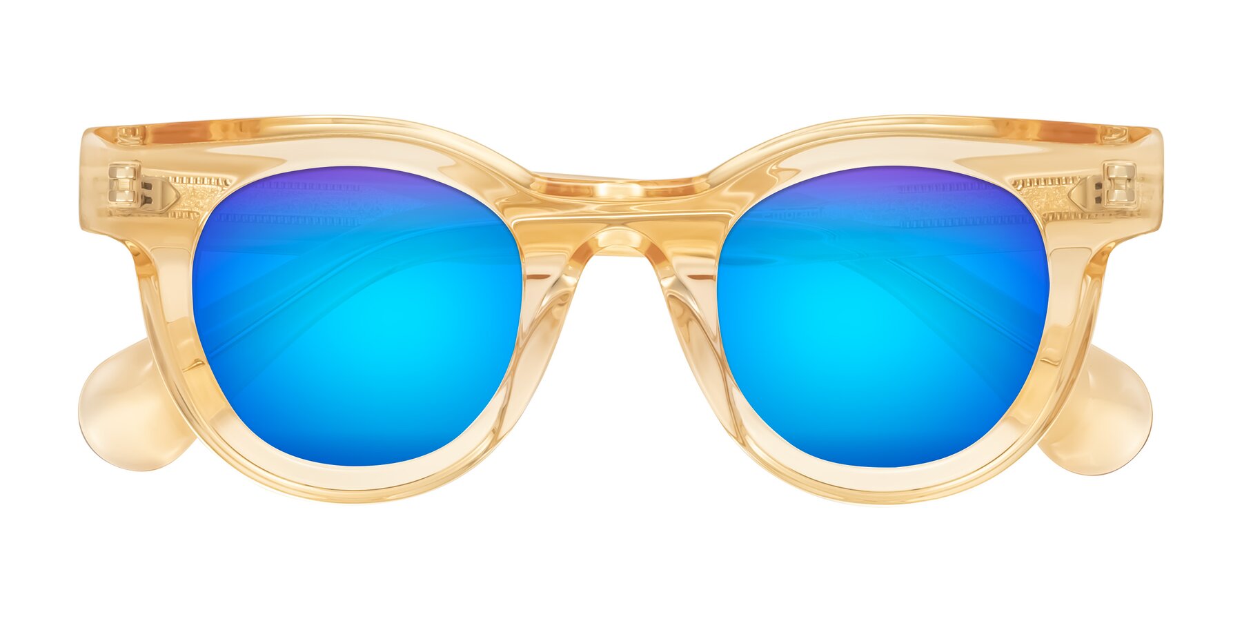 Folded Front of Embracing in Champagne with Blue Mirrored Lenses