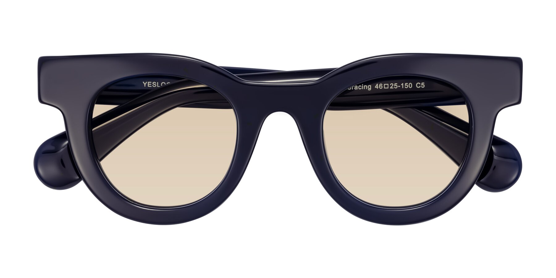 Folded Front of Embracing in Dark Navy with Light Brown Tinted Lenses