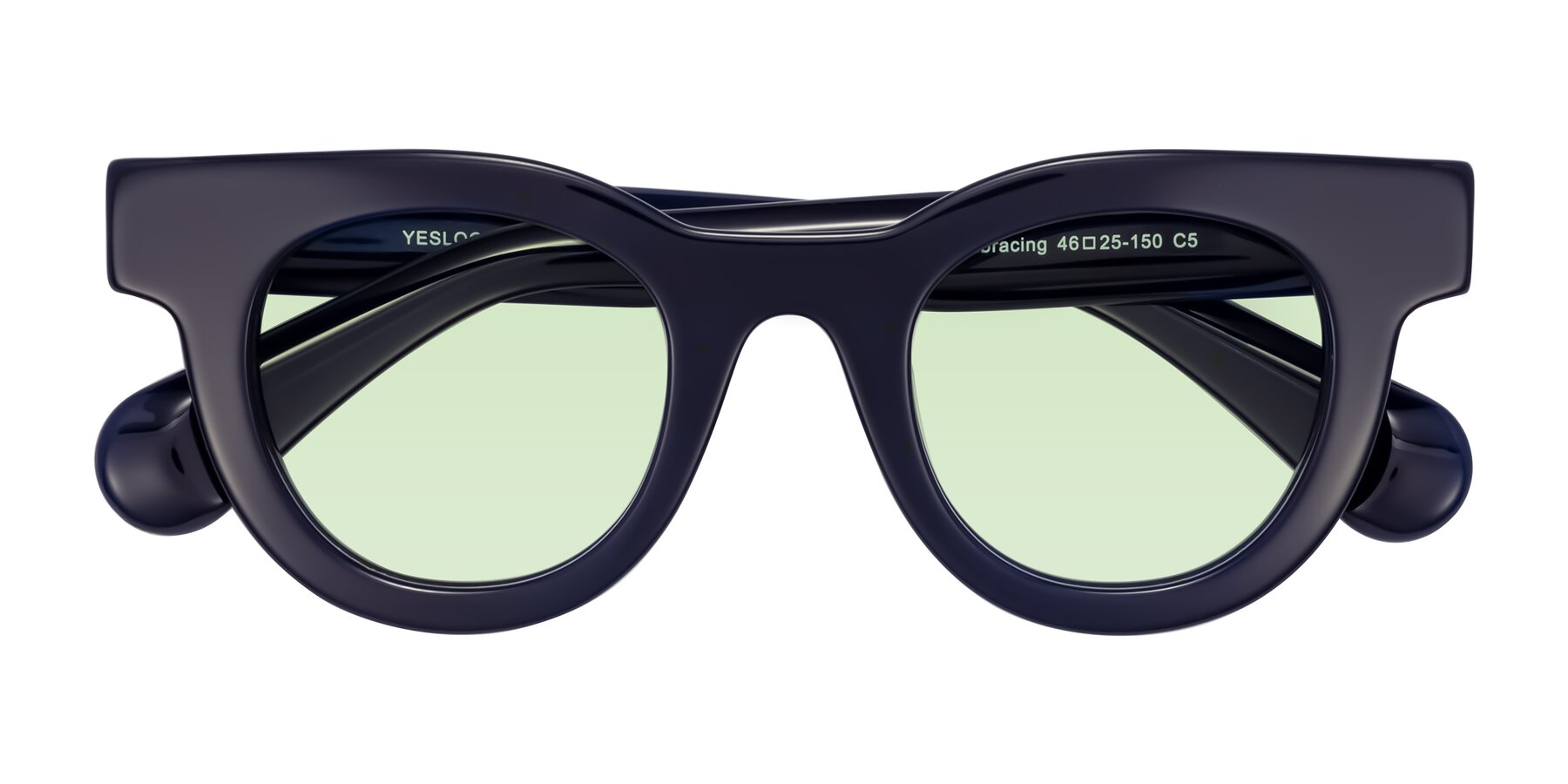 Folded Front of Embracing in Dark Navy with Light Green Tinted Lenses