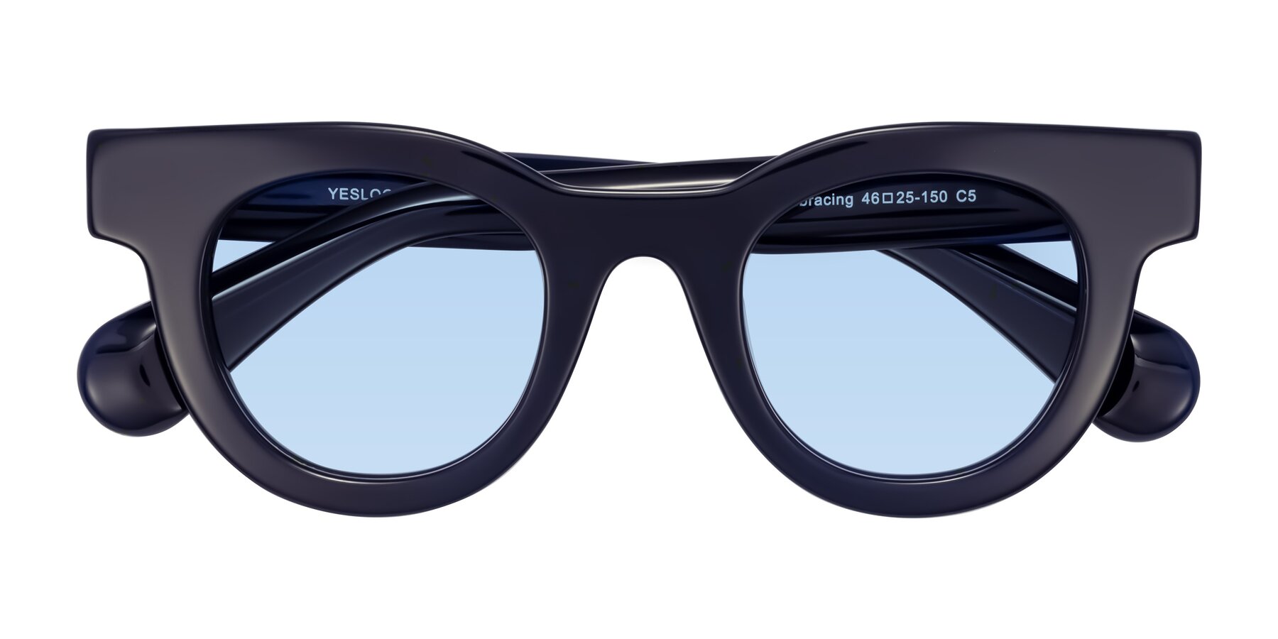 Folded Front of Embracing in Dark Navy with Light Blue Tinted Lenses