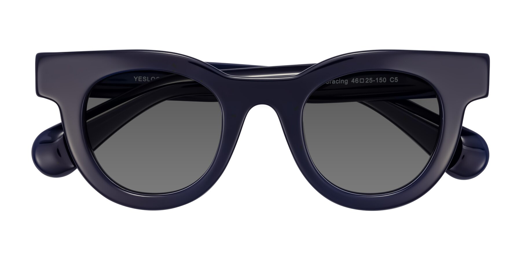 Folded Front of Embracing in Dark Navy with Medium Gray Tinted Lenses