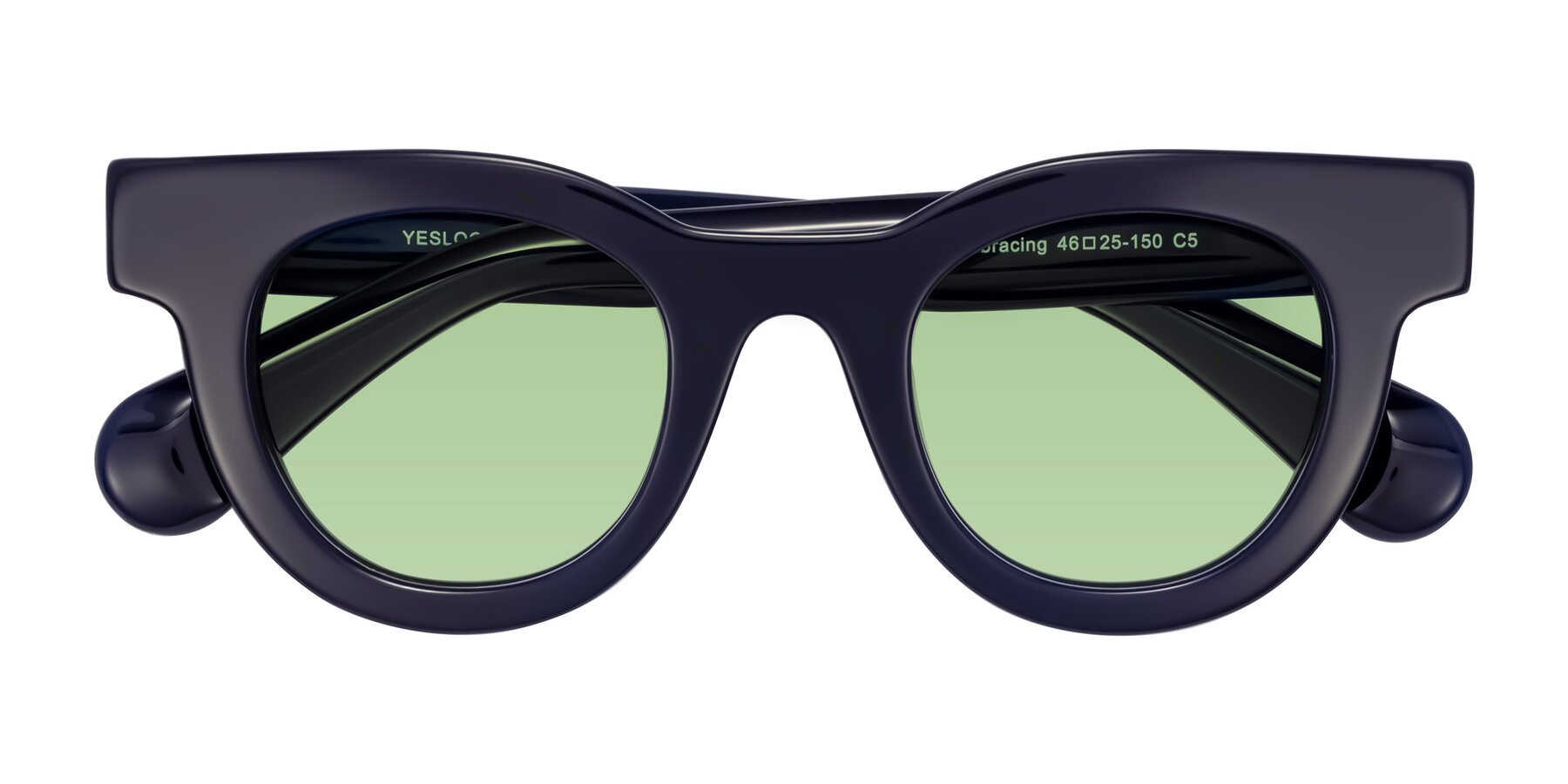 Folded Front of Embracing in Dark Navy with Medium Green Tinted Lenses