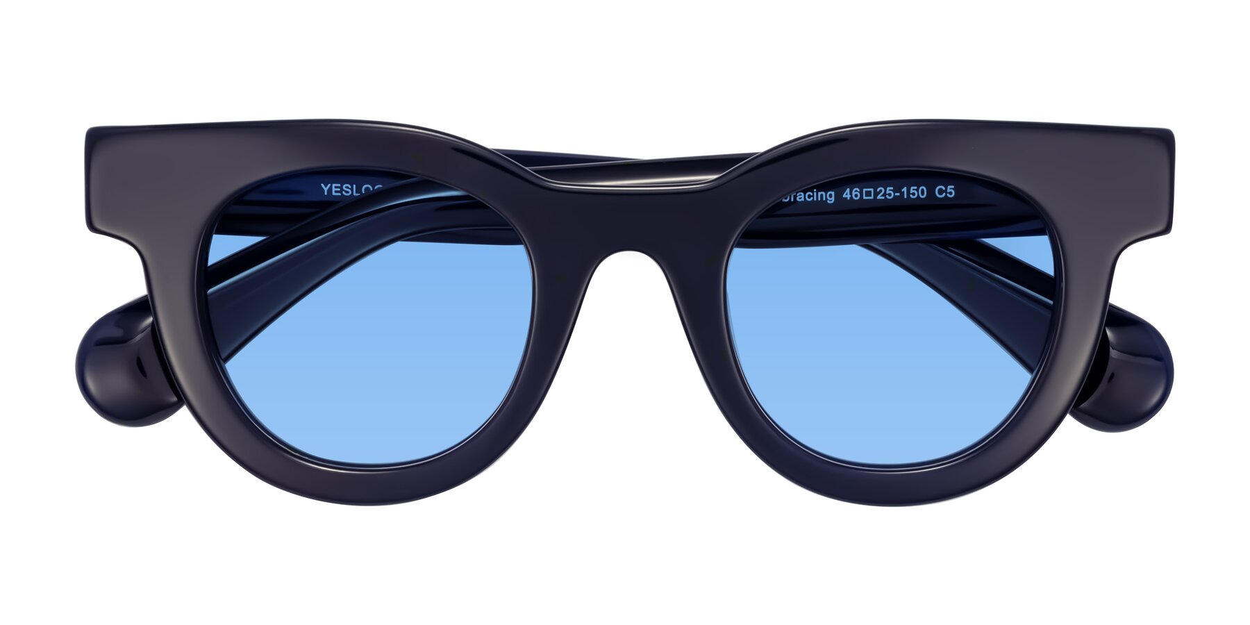 Folded Front of Embracing in Dark Navy with Medium Blue Tinted Lenses