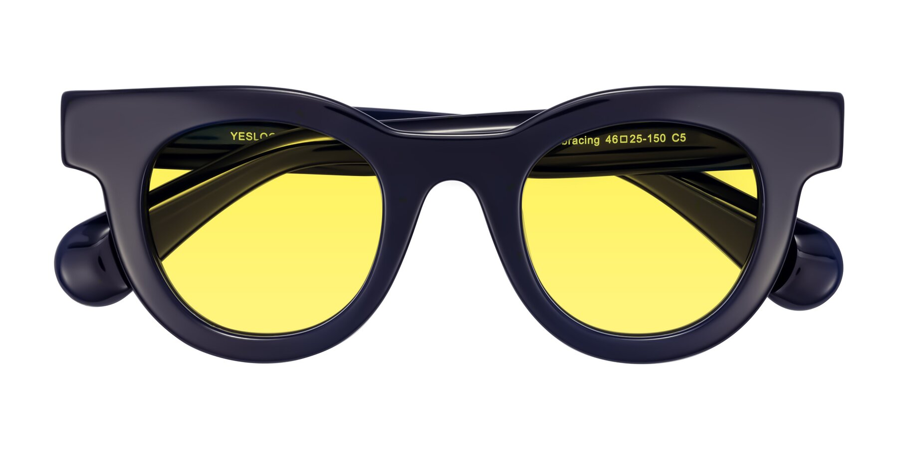Folded Front of Embracing in Dark Navy with Medium Yellow Tinted Lenses