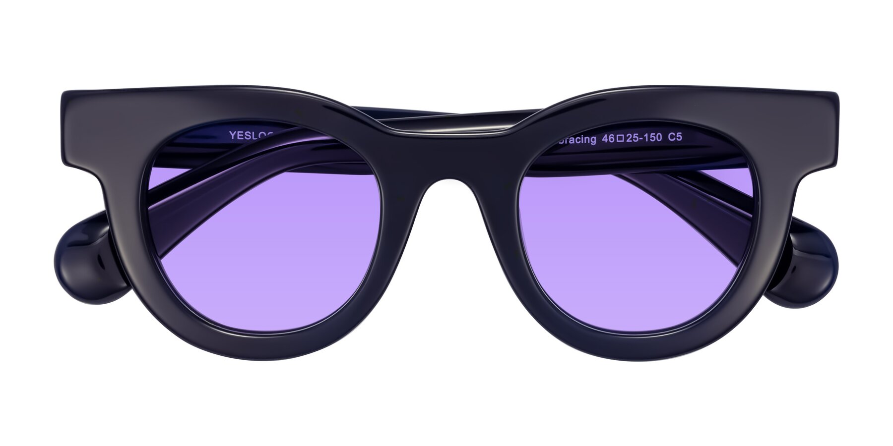 Folded Front of Embracing in Dark Navy with Medium Purple Tinted Lenses
