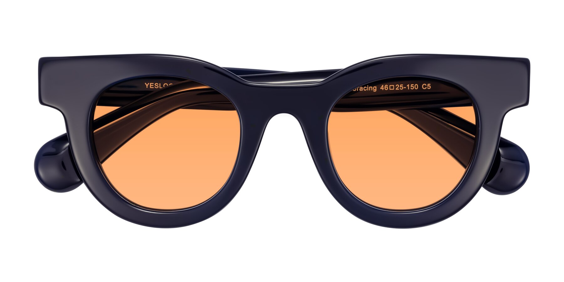 Folded Front of Embracing in Dark Navy with Medium Orange Tinted Lenses