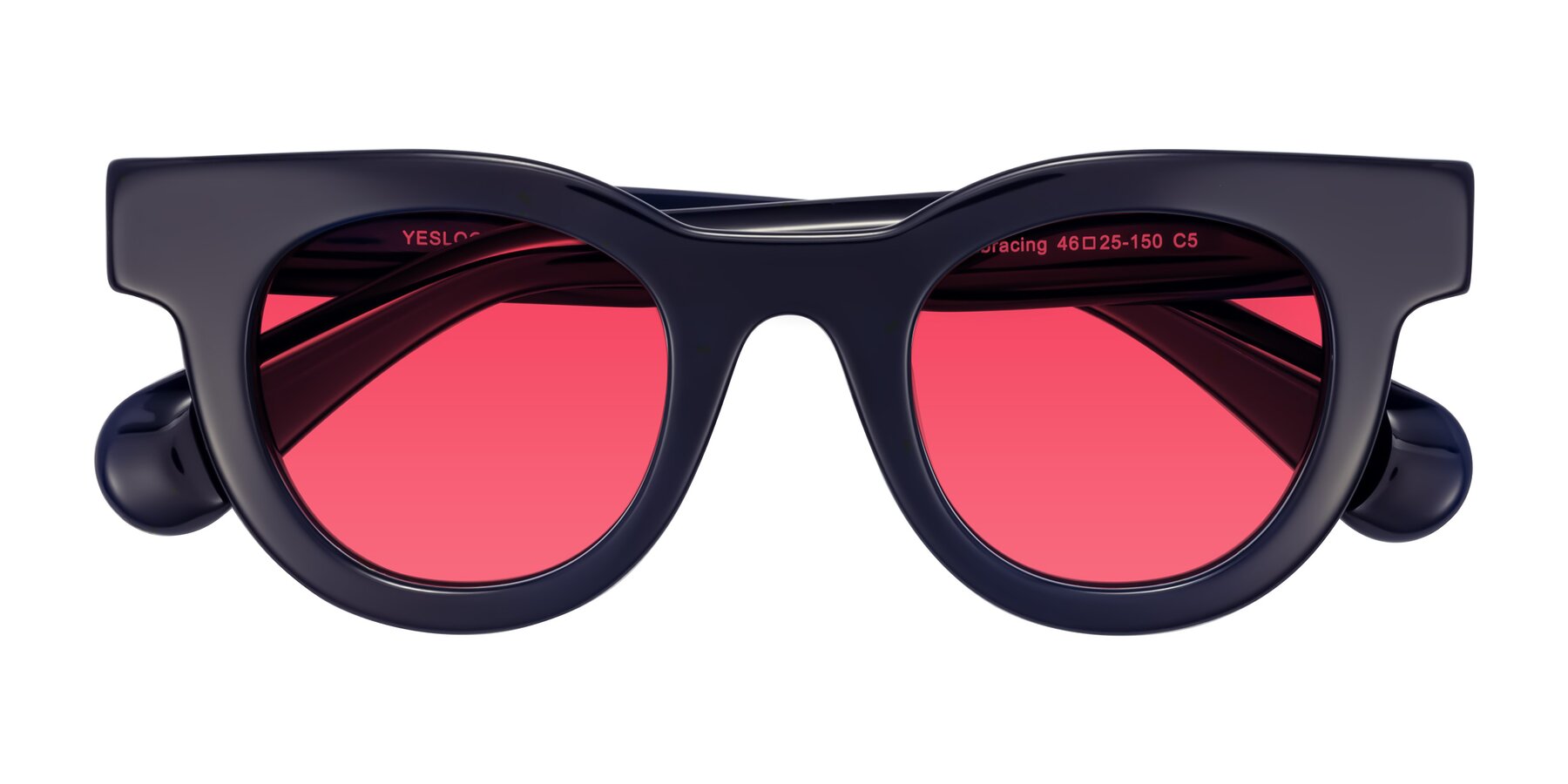Folded Front of Embracing in Dark Navy with Red Tinted Lenses