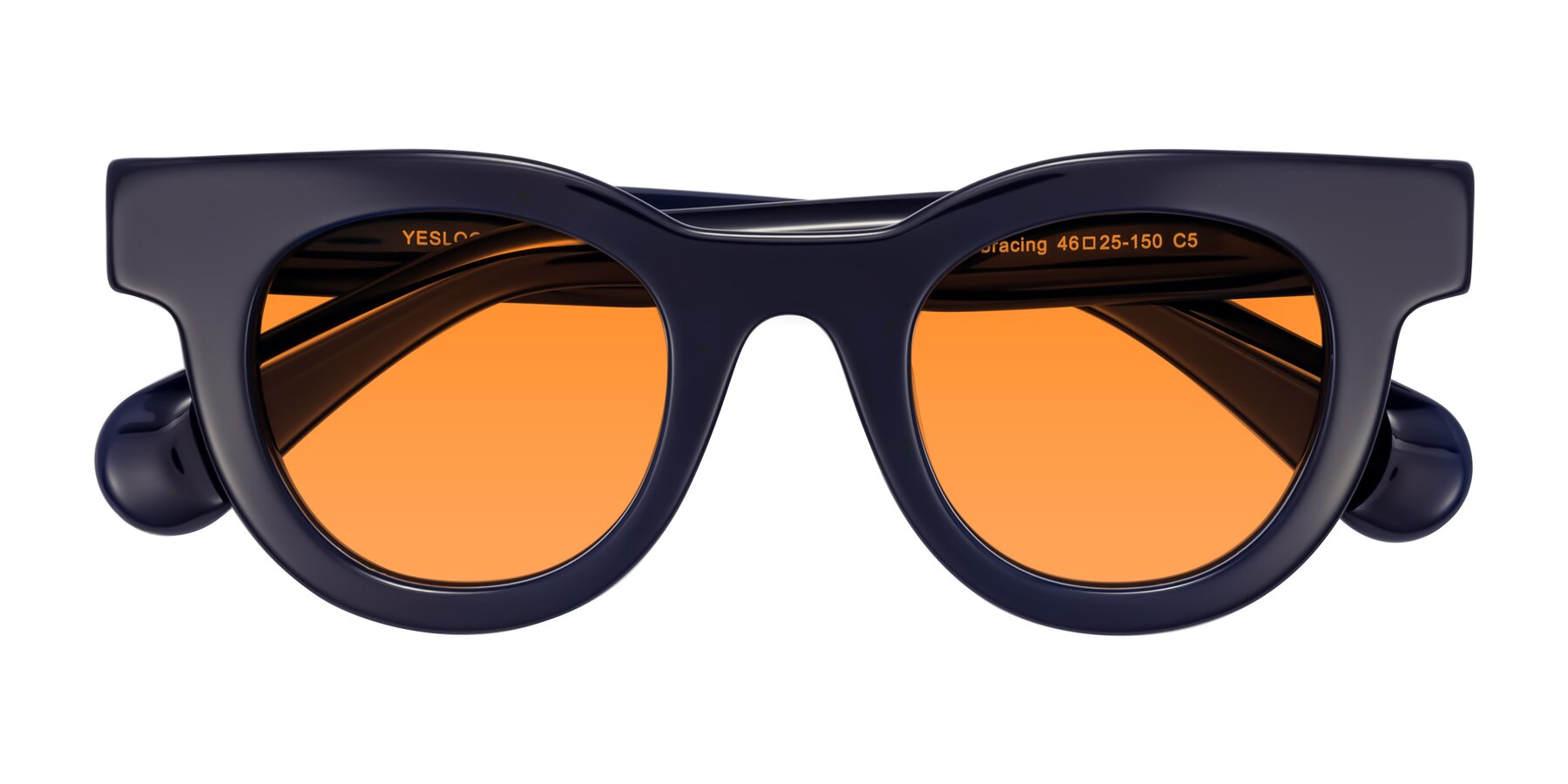 Folded Front of Embracing in Dark Navy with Orange Tinted Lenses