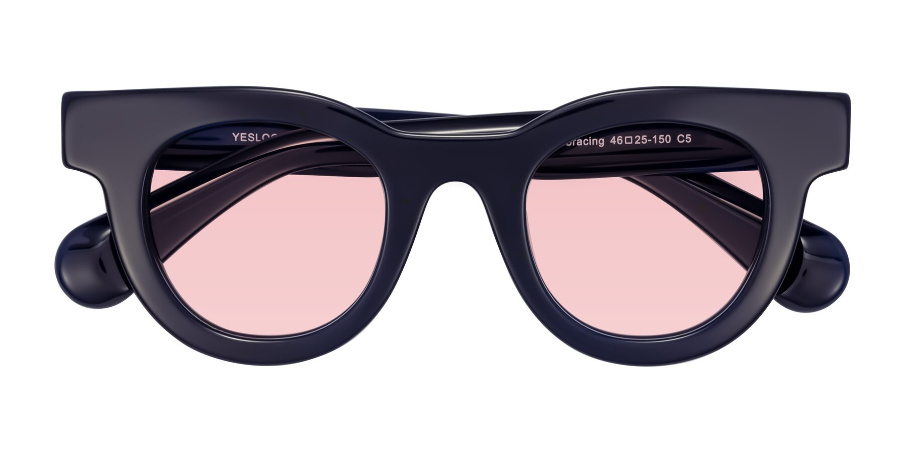 Folded Front of Embracing in Dark Navy with Light Garnet Tinted Lenses
