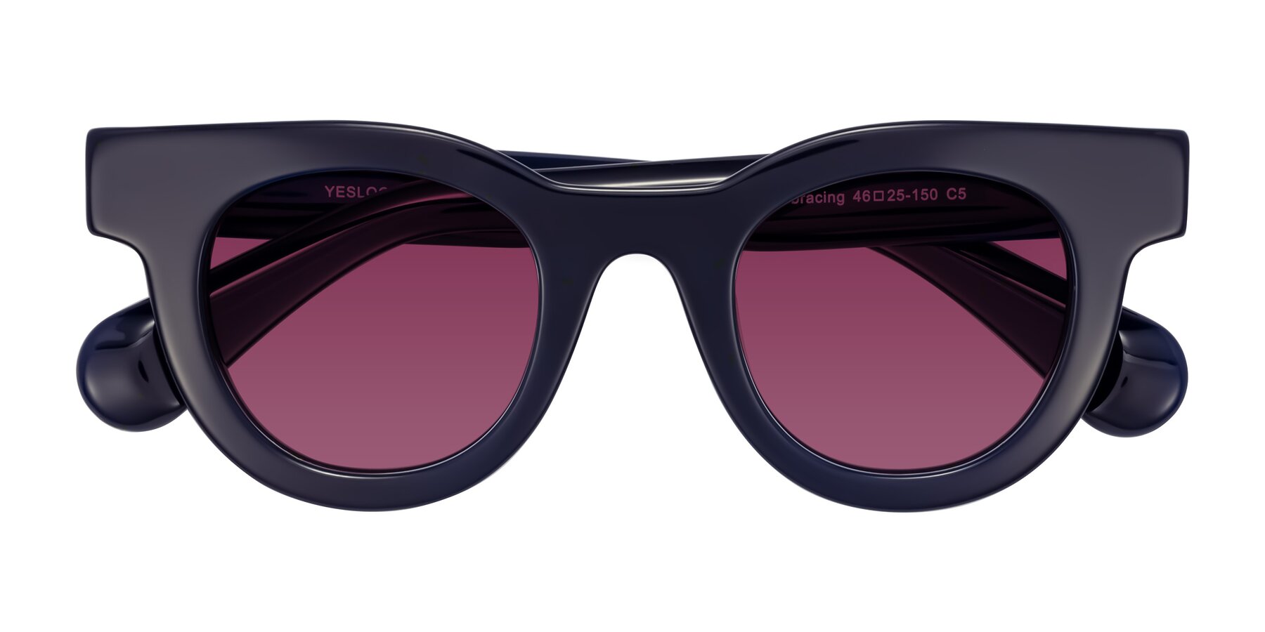 Folded Front of Embracing in Dark Navy with Wine Tinted Lenses