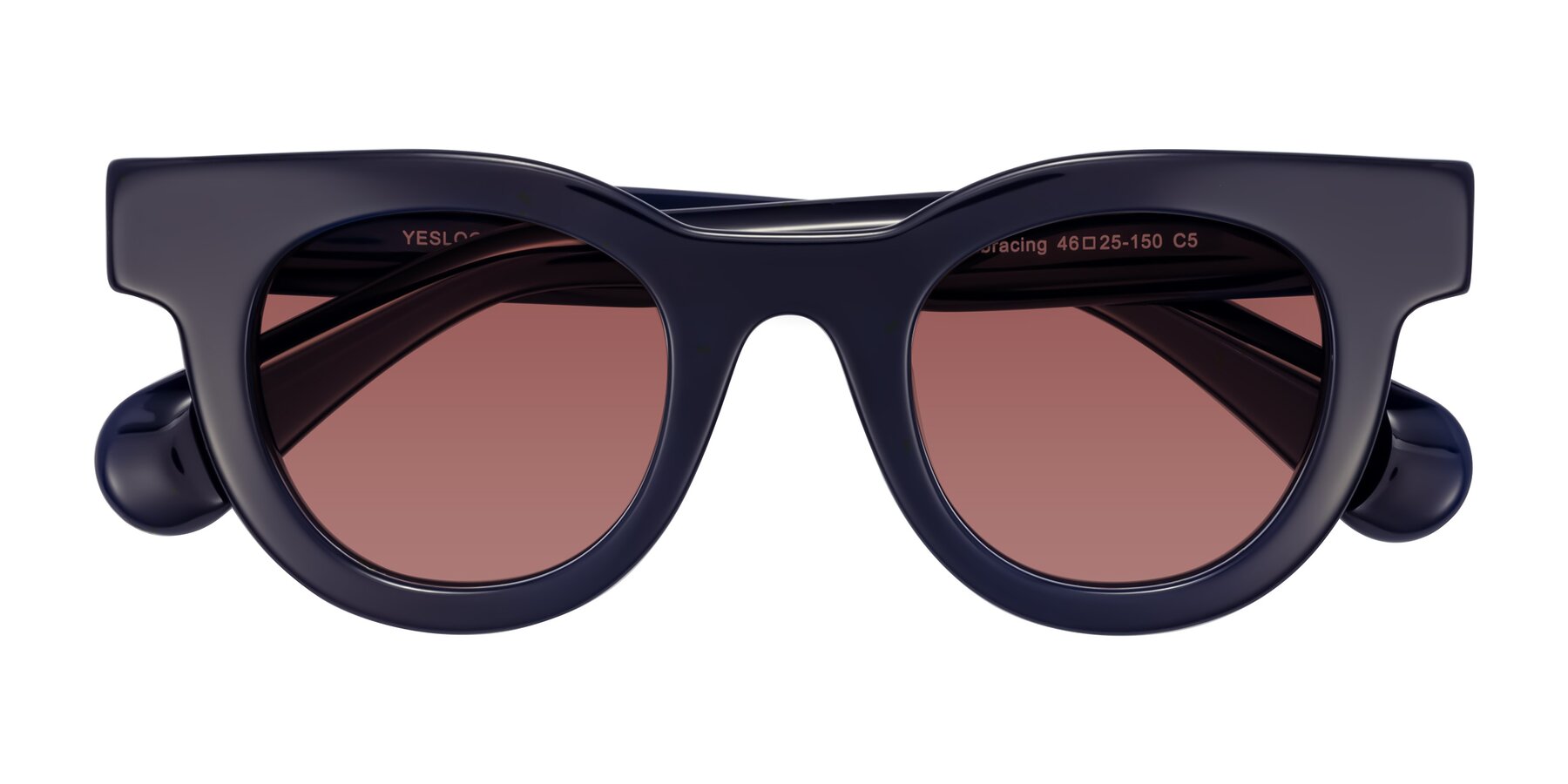 Folded Front of Embracing in Dark Navy with Garnet Tinted Lenses