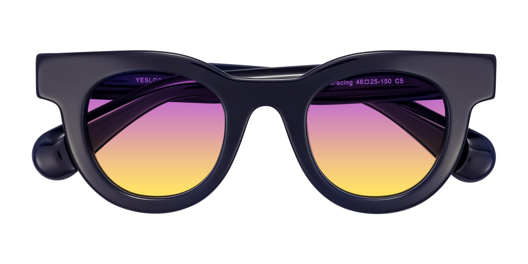 Folded Front of Embracing in Dark Navy with Purple / Yellow Gradient Lenses