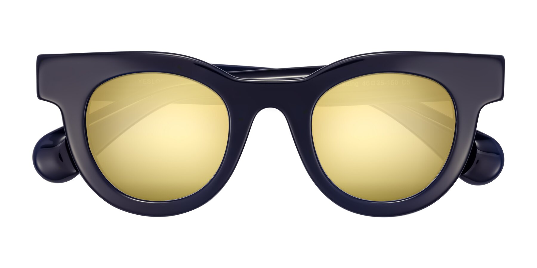 Folded Front of Embracing in Dark Navy with Gold Mirrored Lenses