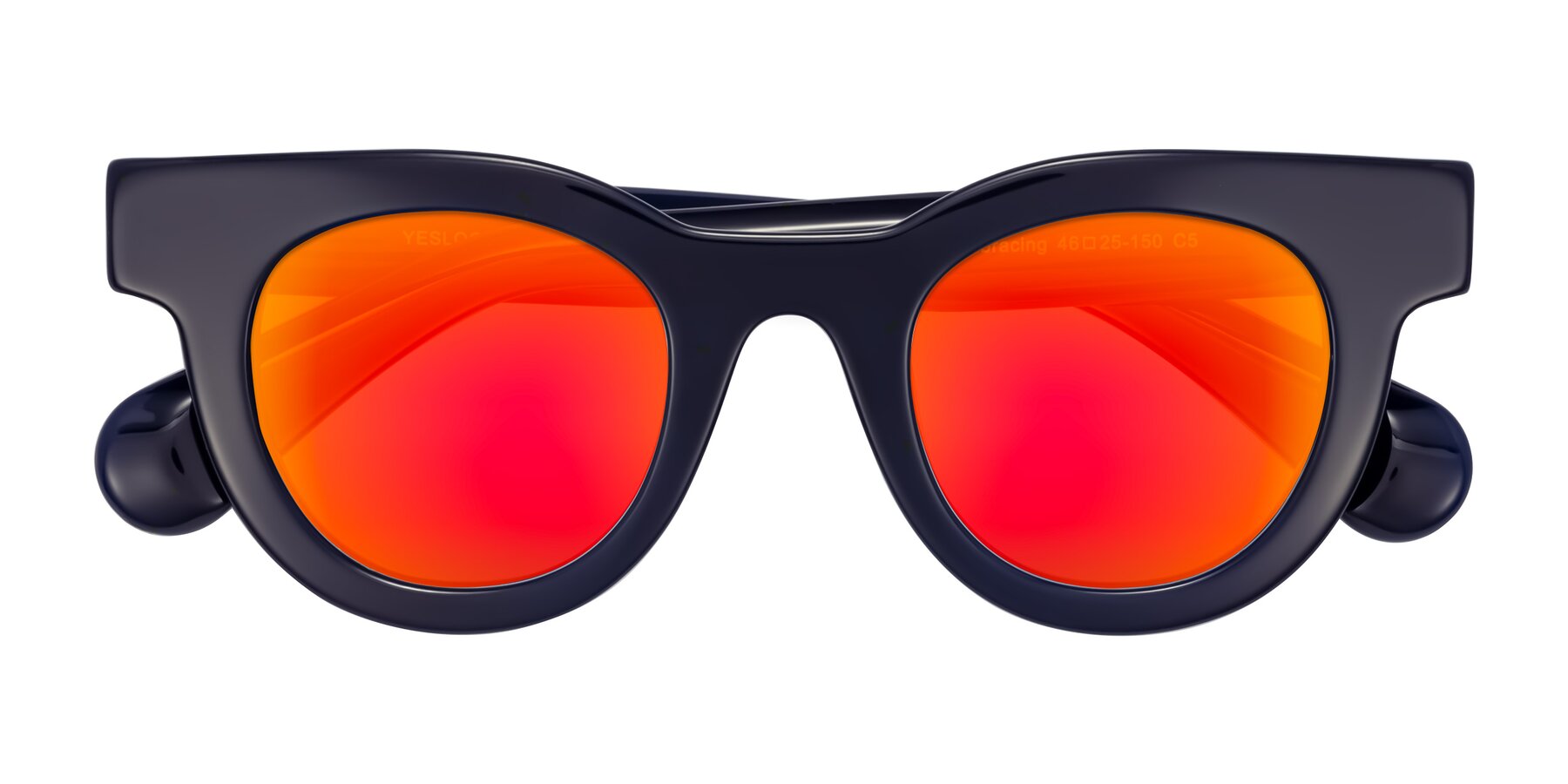 Folded Front of Embracing in Dark Navy with Red Gold Mirrored Lenses