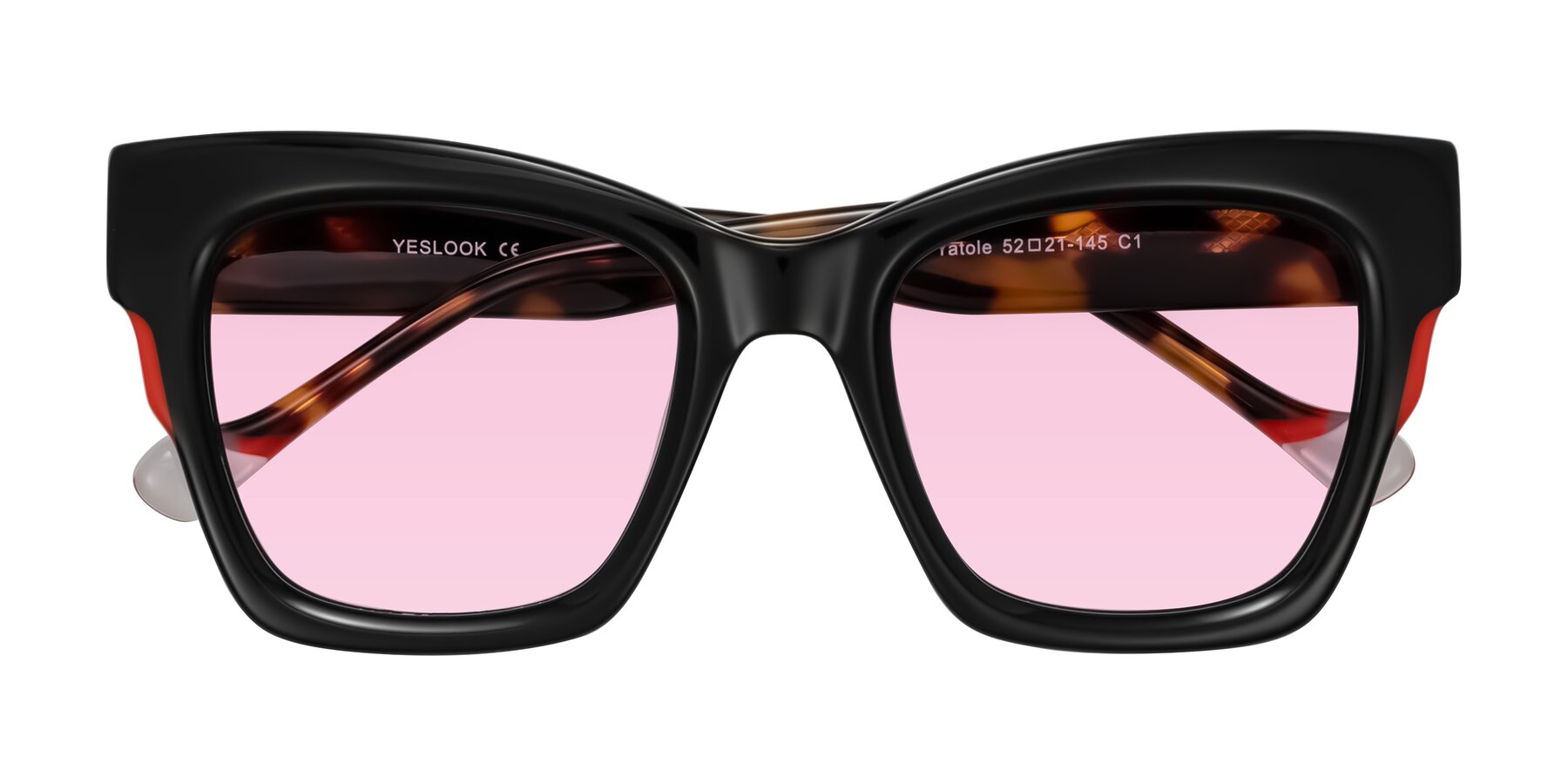 Folded Front of Yatole in Black/Tortoise with Light Pink Tinted Lenses