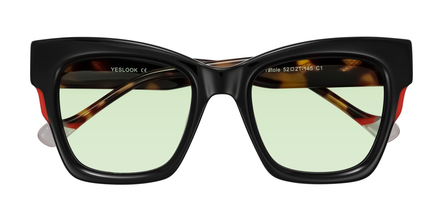 Folded Front of Yatole in Black/Tortoise with Light Green Tinted Lenses