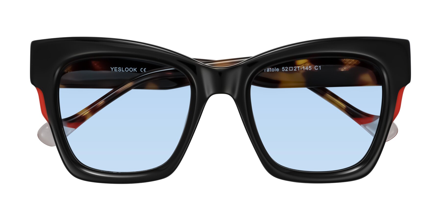 Folded Front of Yatole in Black/Tortoise with Light Blue Tinted Lenses