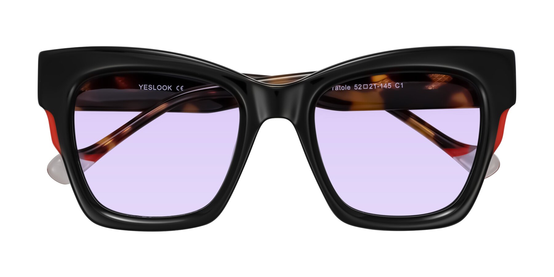 Folded Front of Yatole in Black/Tortoise with Light Purple Tinted Lenses