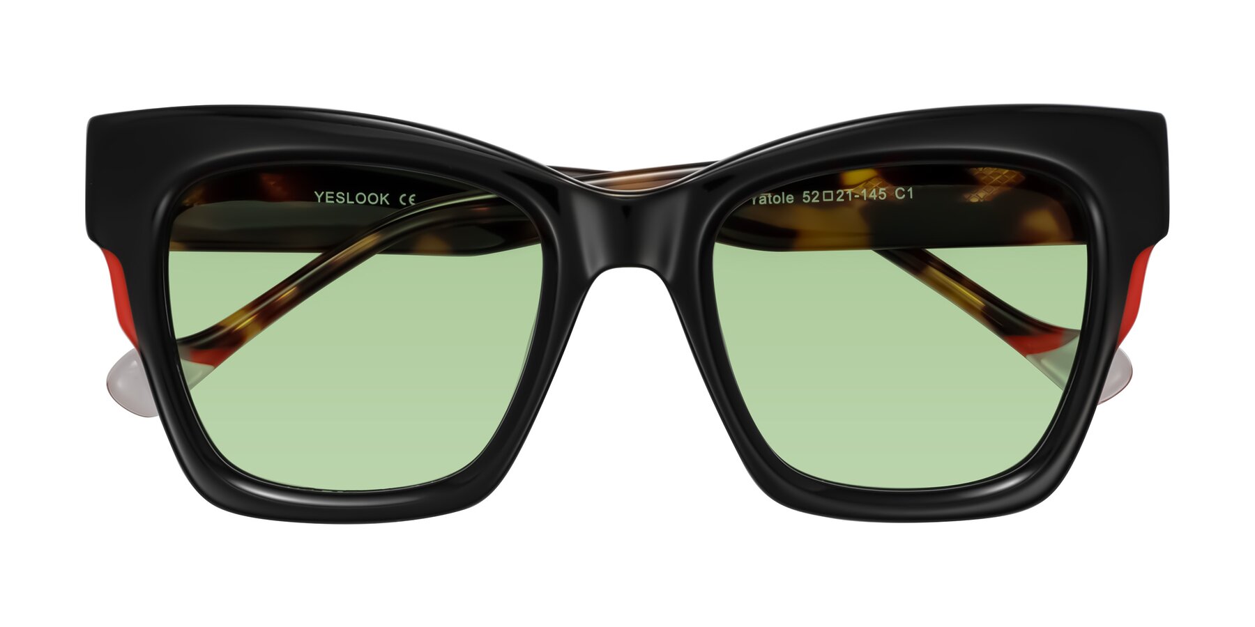 Folded Front of Yatole in Black/Tortoise with Medium Green Tinted Lenses
