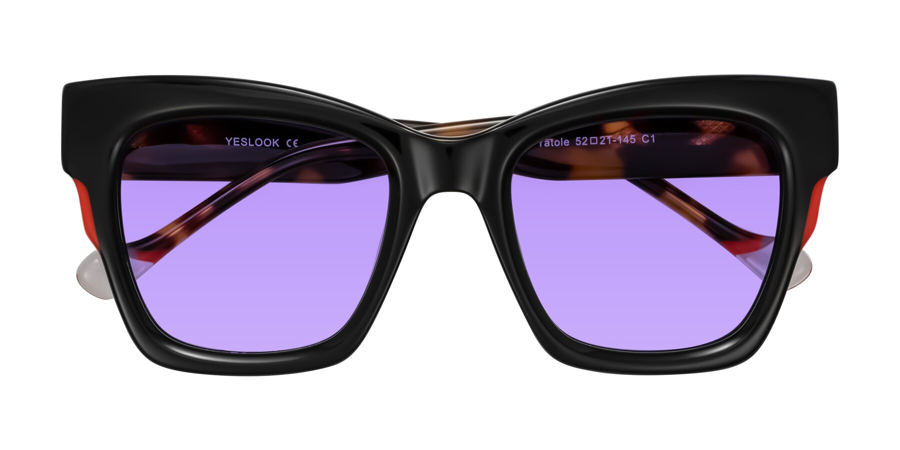 Folded Front of Yatole in Black/Tortoise with Medium Purple Tinted Lenses