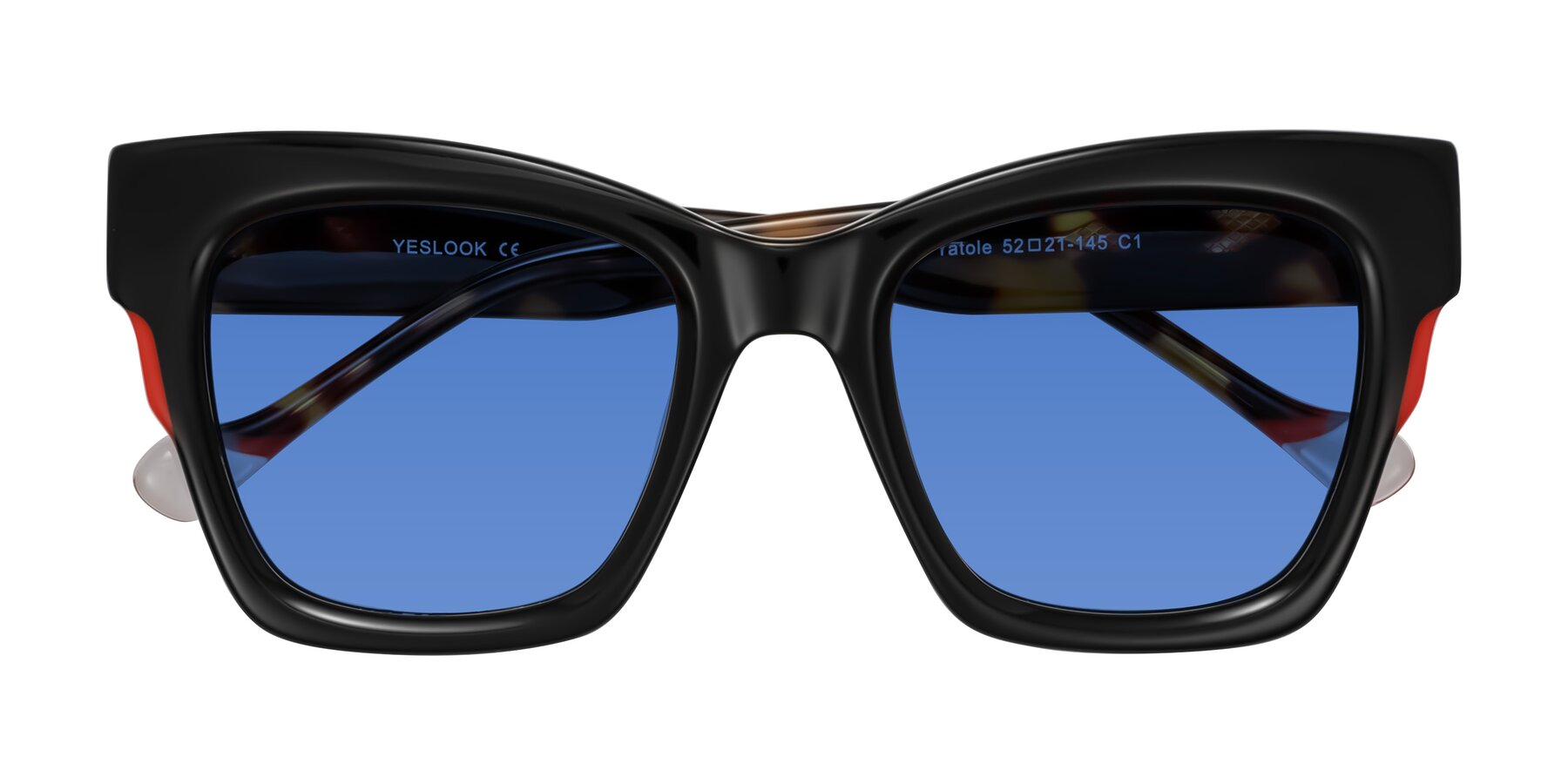 Folded Front of Yatole in Black/Tortoise with Blue Tinted Lenses