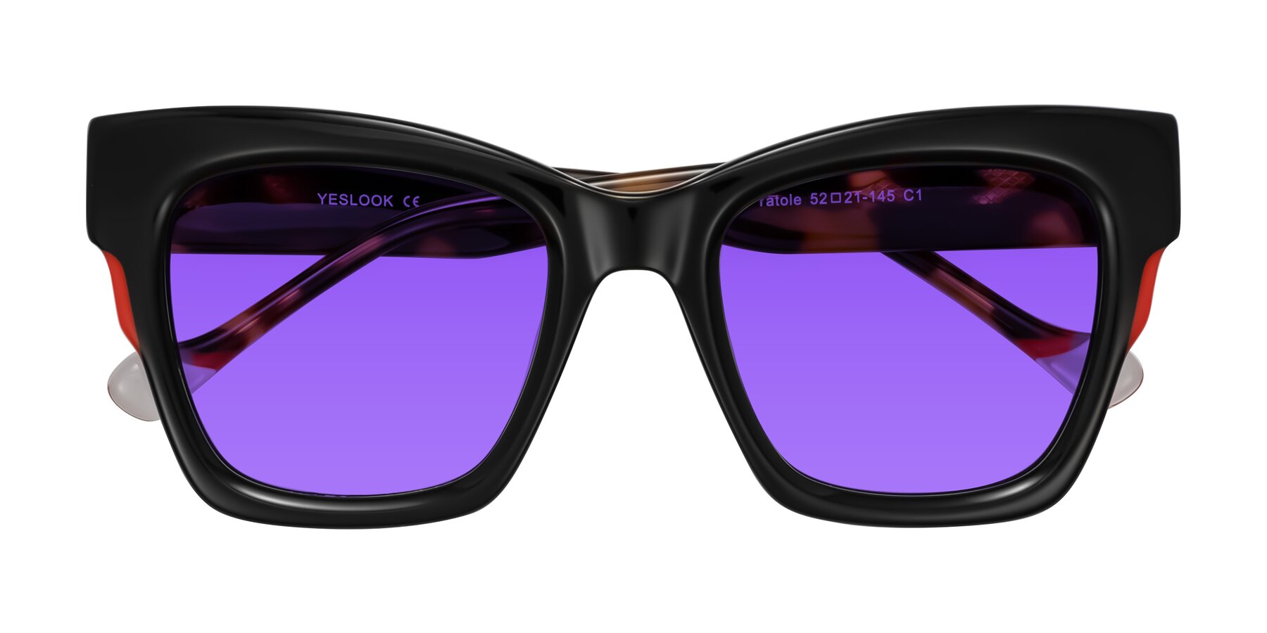 Folded Front of Yatole in Black/Tortoise with Purple Tinted Lenses