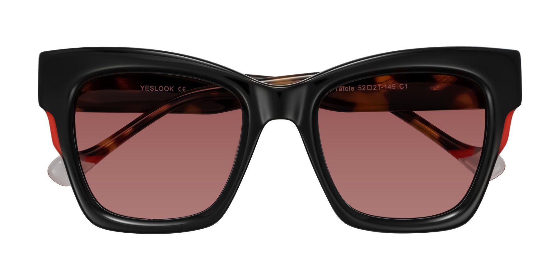Folded Front of Yatole in Black/Tortoise with Garnet Tinted Lenses