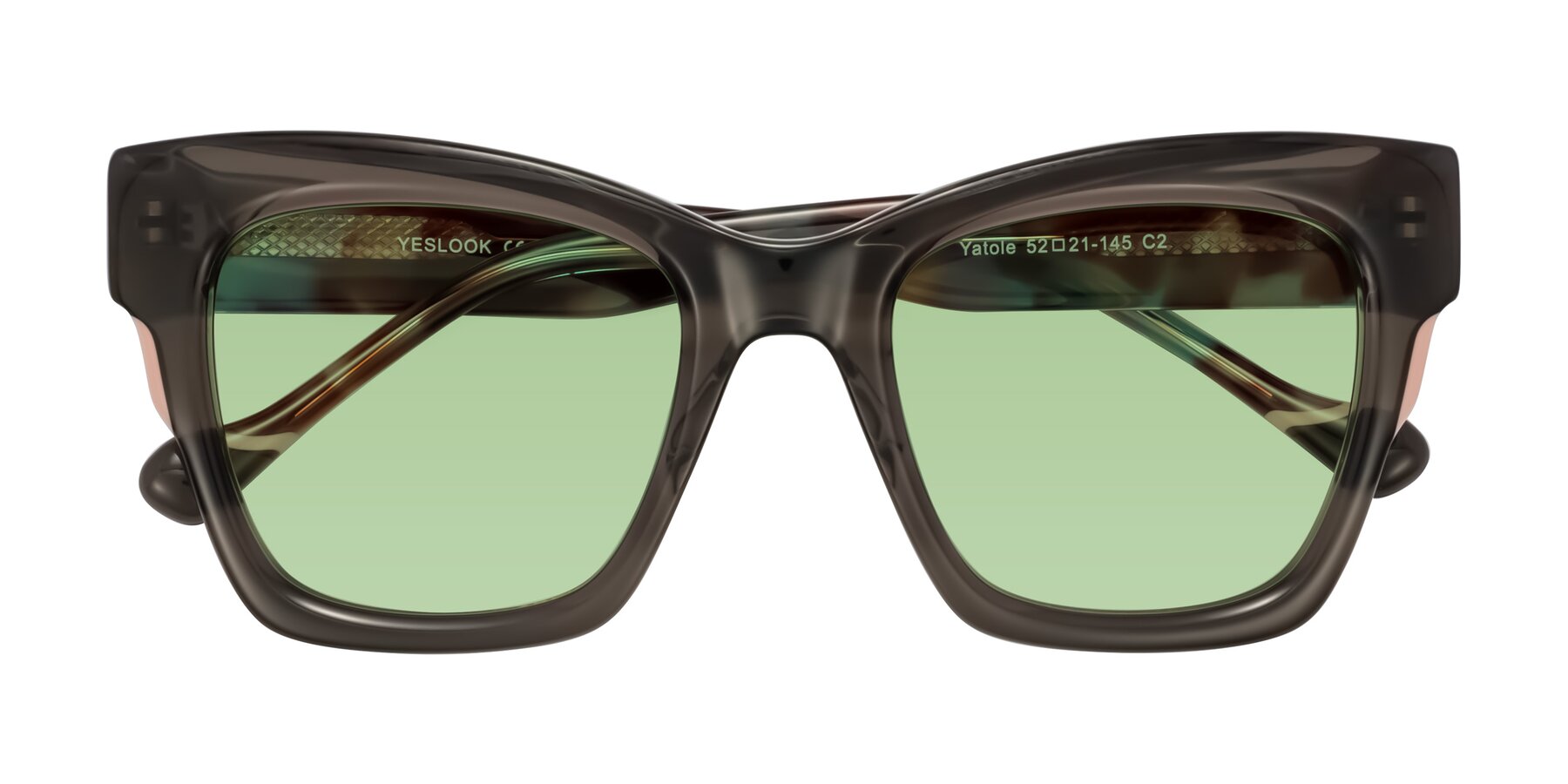 Folded Front of Yatole in Gray/Floral with Medium Green Tinted Lenses