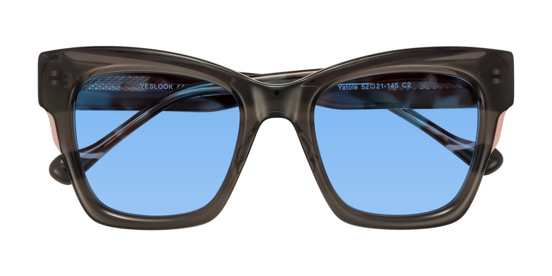 Folded Front of Yatole in Gray/Floral with Medium Blue Tinted Lenses