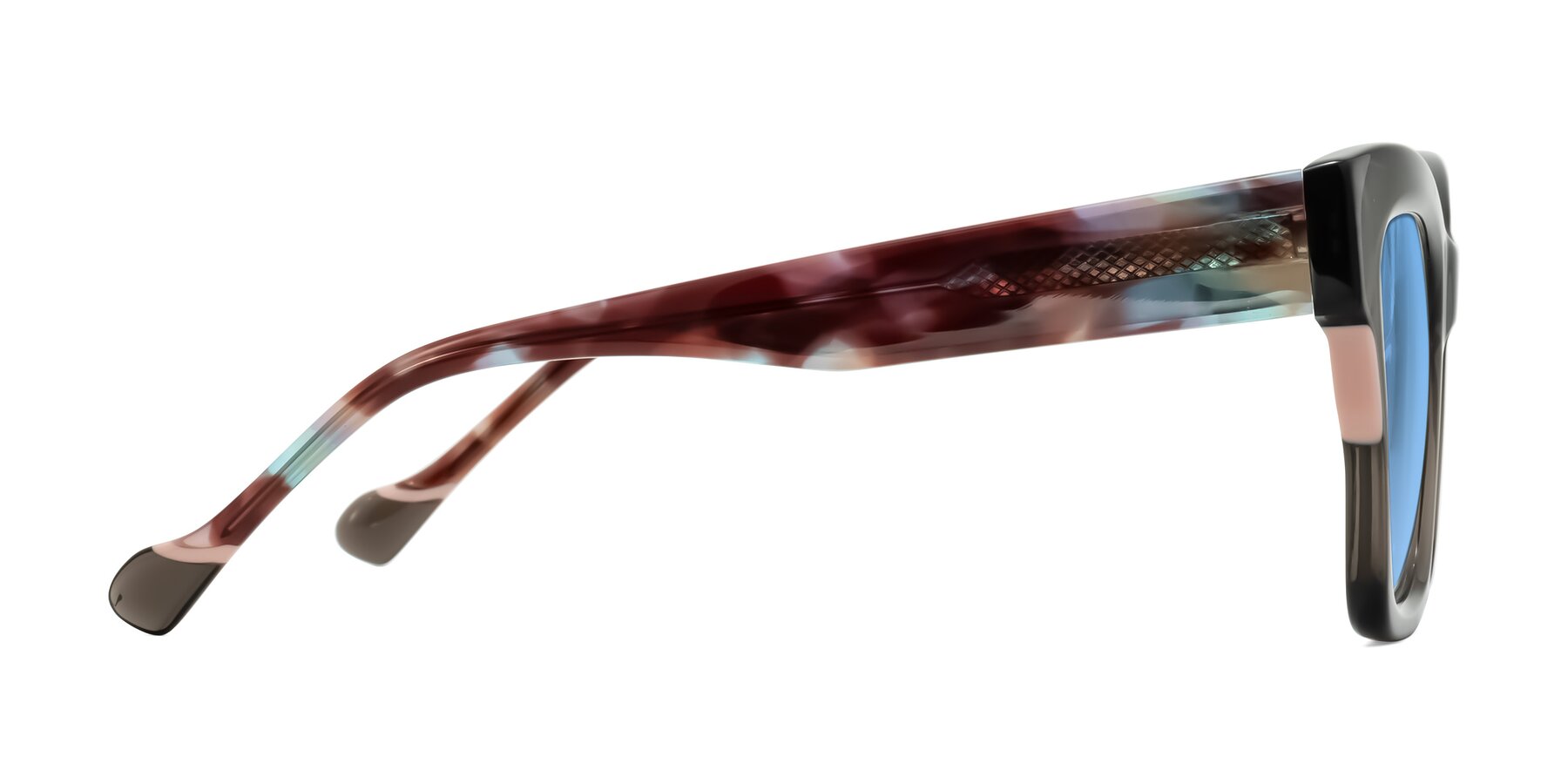 Side of Yatole in Gray/Floral with Medium Blue Tinted Lenses