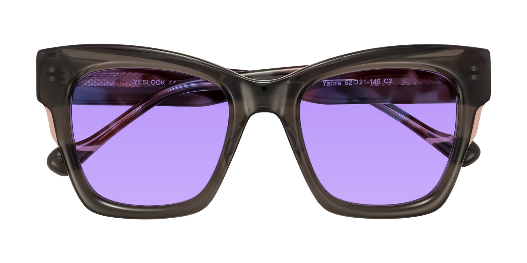 Folded Front of Yatole in Gray/Floral with Medium Purple Tinted Lenses