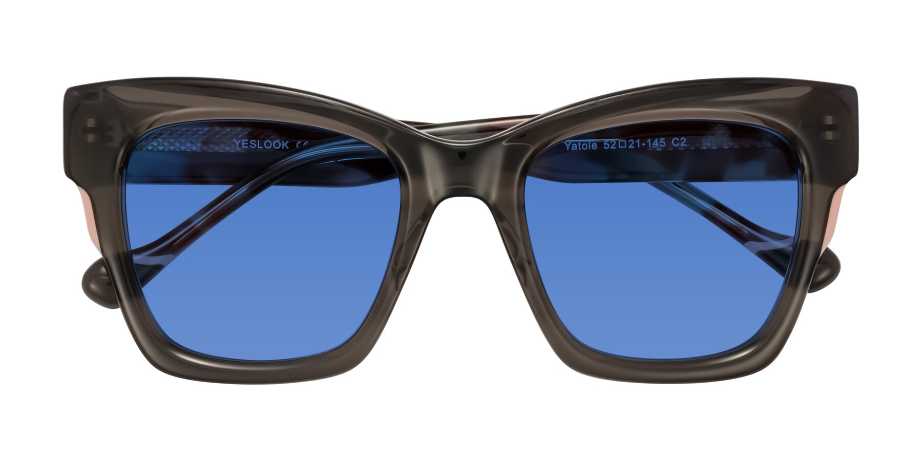 Folded Front of Yatole in Gray/Floral with Blue Tinted Lenses