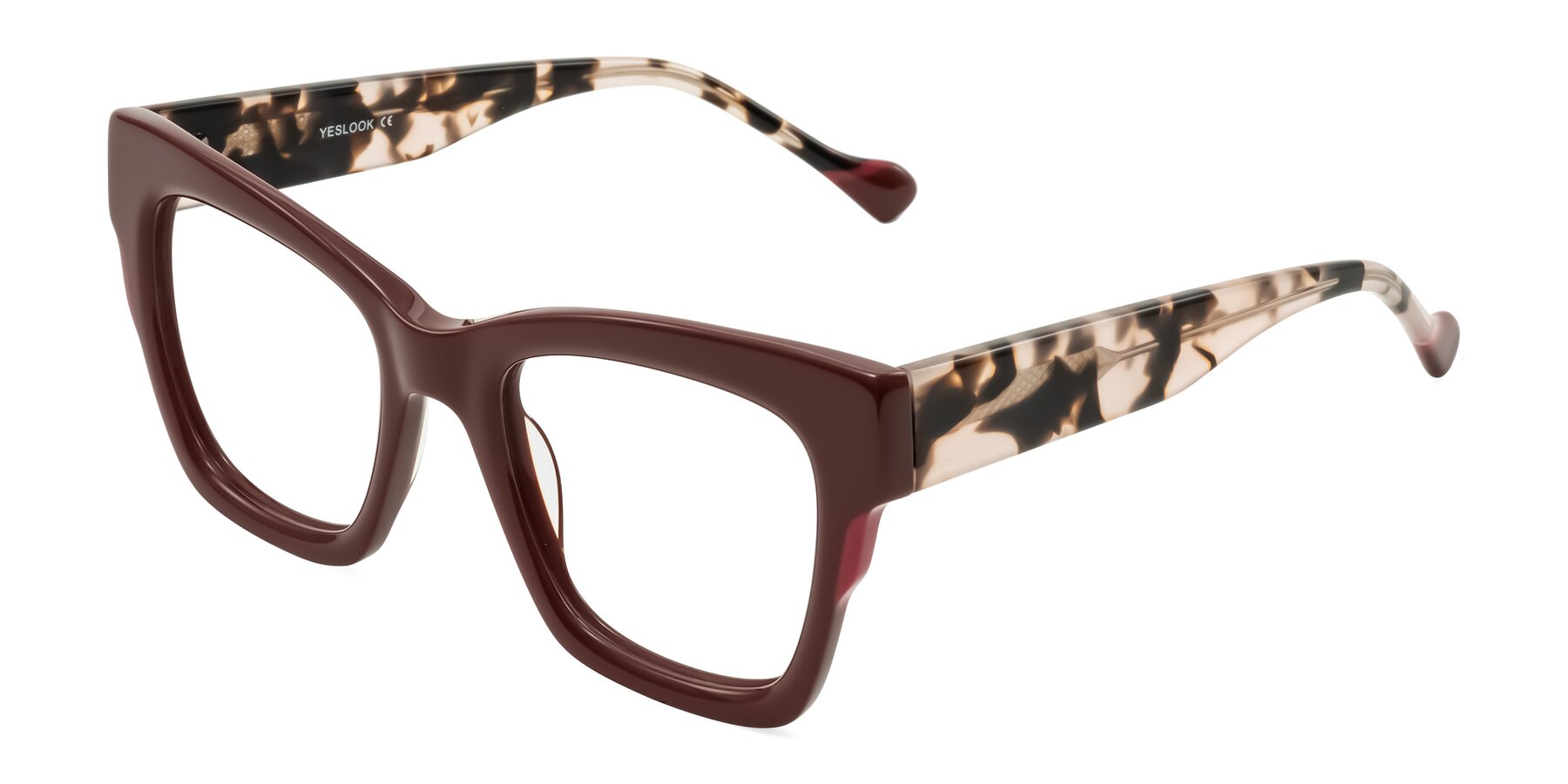 Angle of Yatole in Maroon/Ivory Tortoise with Clear Eyeglass Lenses