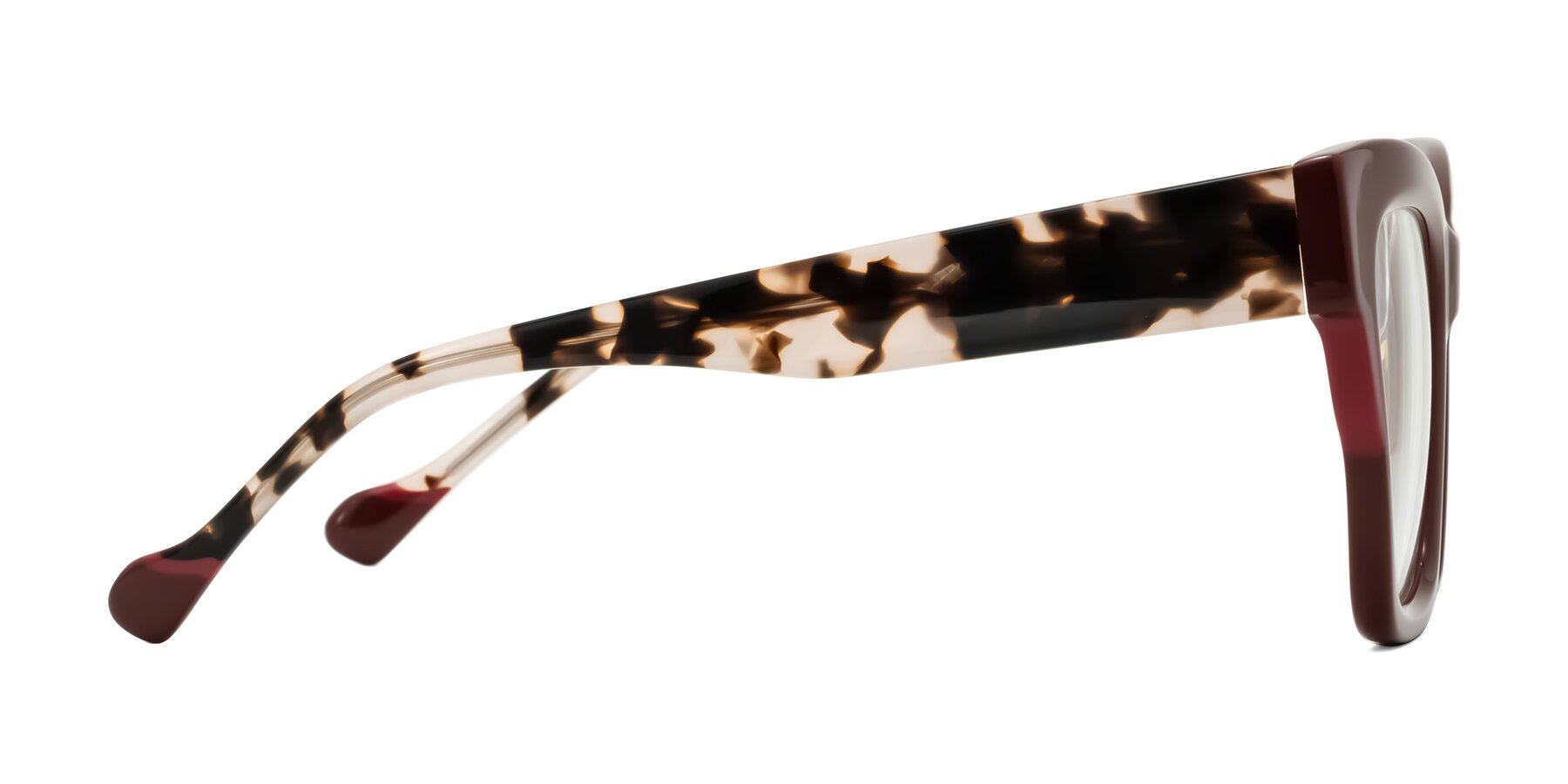 Side of Yatole in Maroon/Ivory Tortoise with Clear Eyeglass Lenses
