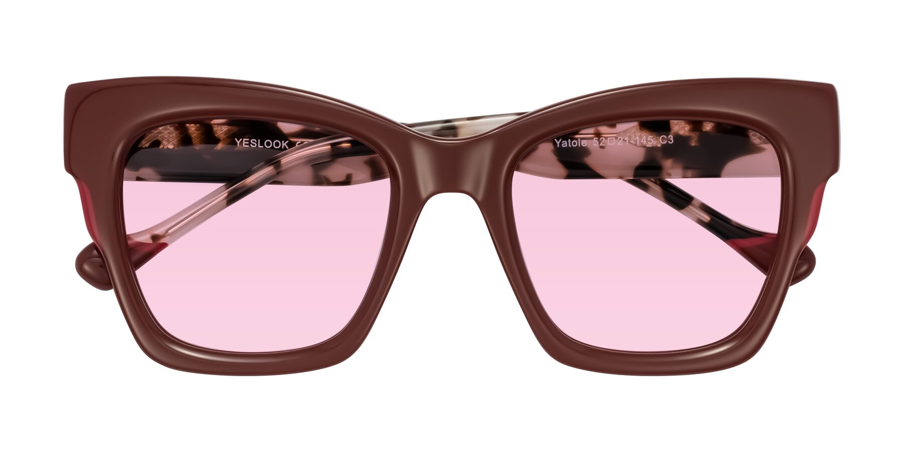 Folded Front of Yatole in Maroon/Ivory Tortoise with Light Pink Tinted Lenses